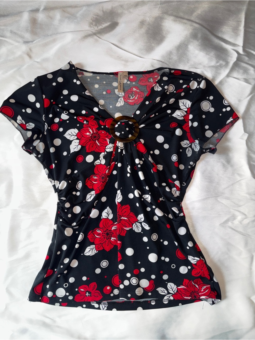 Susan Lawrence Black Red Floral Ring-Detail Top
